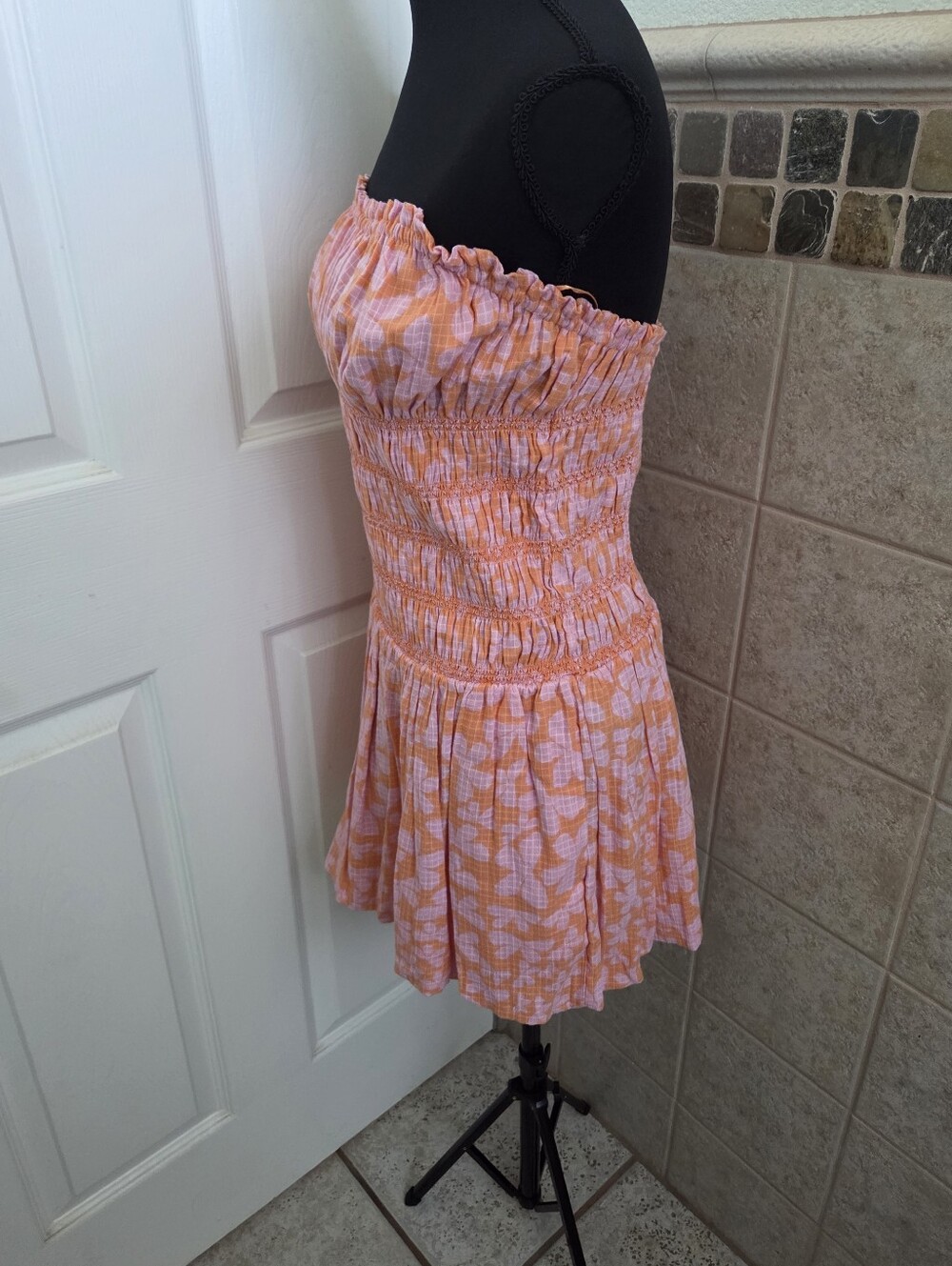 Free People Strapless Peach-Pink Floral Smocked Mini Dress Festival Western Boho - Picture 6 of 10